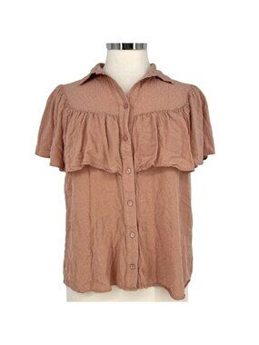 Downeast Pink Ruffled Button-Down Blouse Short Sleeve Size Medium